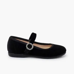 Pisamonas Mary Janes>Velvet Mary Janes With Jewel Buckle
