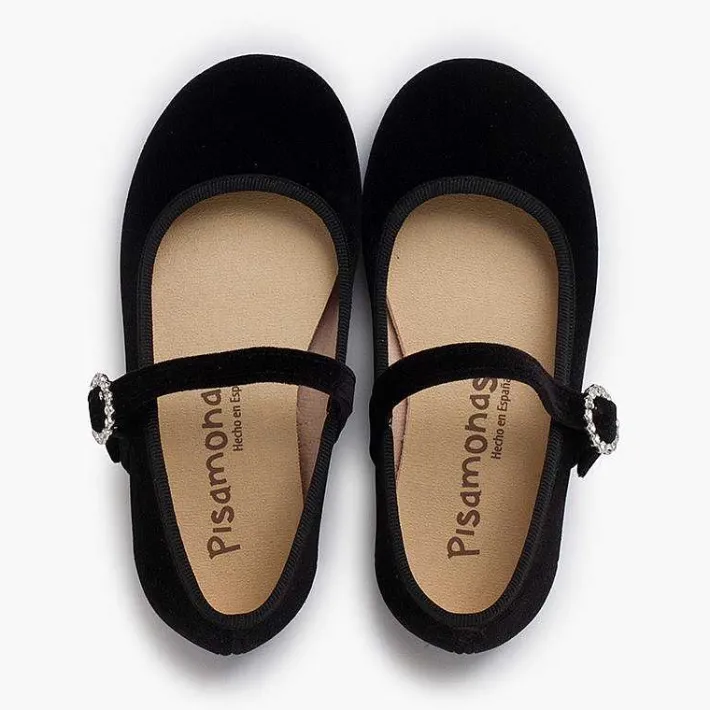Pisamonas Mary Janes>Velvet Mary Janes With Jewel Buckle