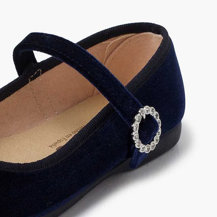Pisamonas Mary Janes>Velvet Mary Janes With Jewel Buckle