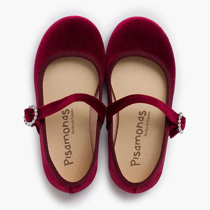 Pisamonas Mary Janes>Velvet Mary Janes With Jewel Buckle