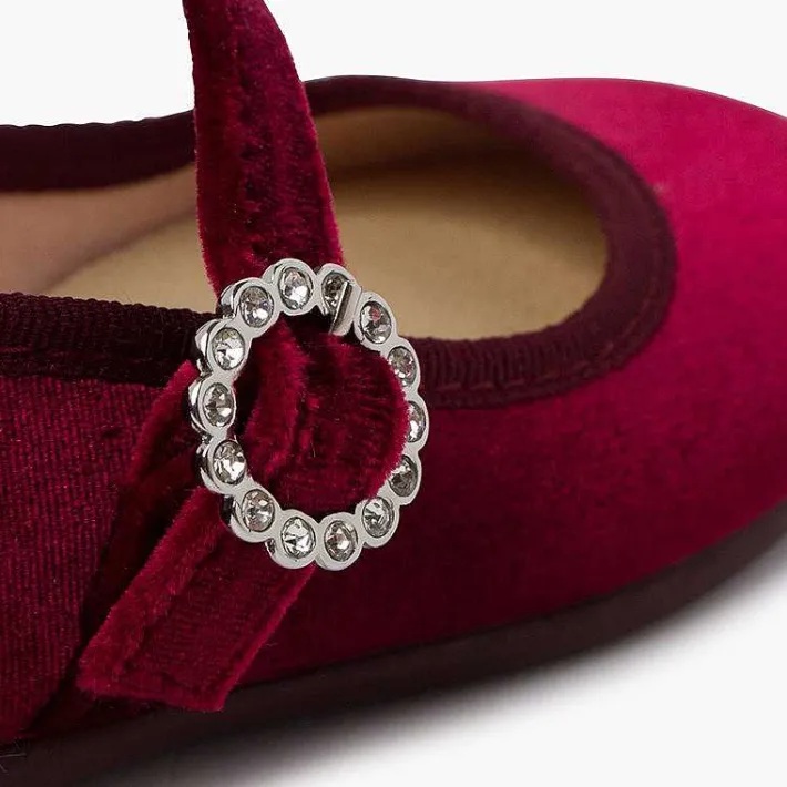 Pisamonas Mary Janes>Velvet Mary Janes With Jewel Buckle