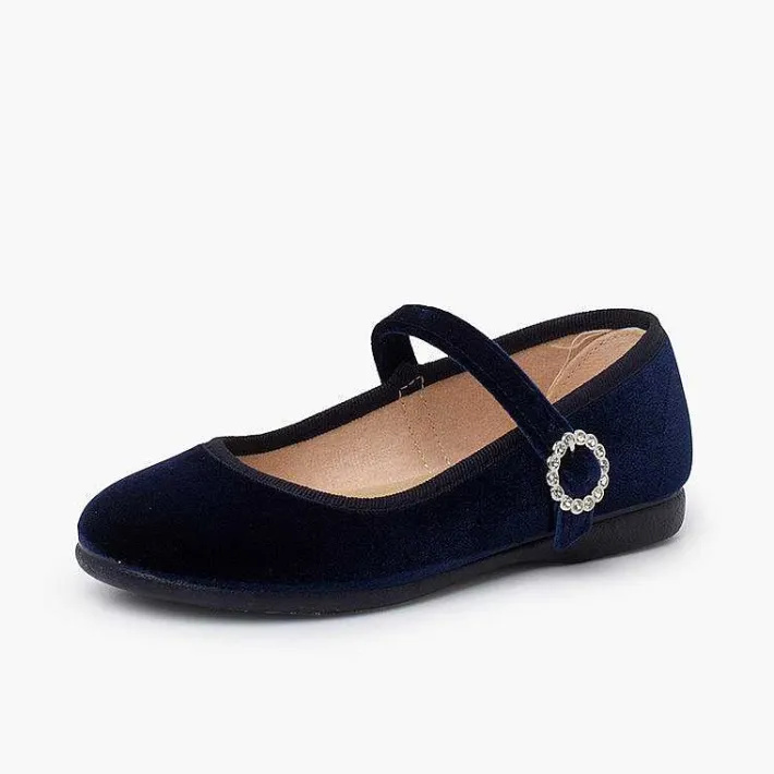 Pisamonas Mary Janes>Velvet Mary Janes With Jewel Buckle
