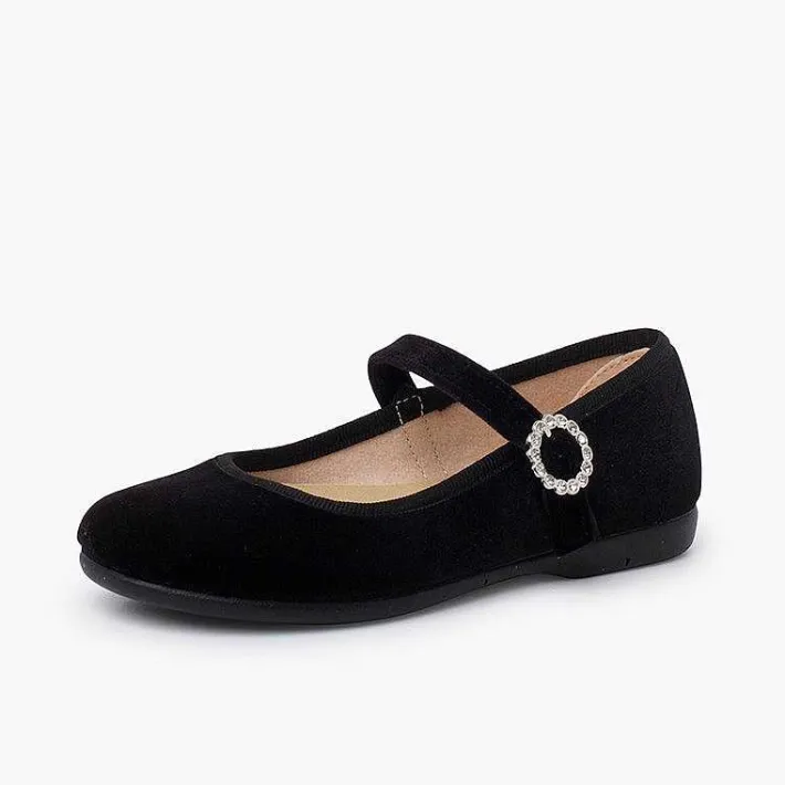 Pisamonas Mary Janes>Velvet Mary Janes With Jewel Buckle