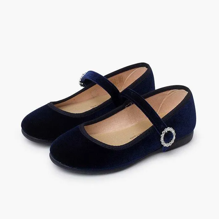 Pisamonas Mary Janes>Velvet Mary Janes With Jewel Buckle