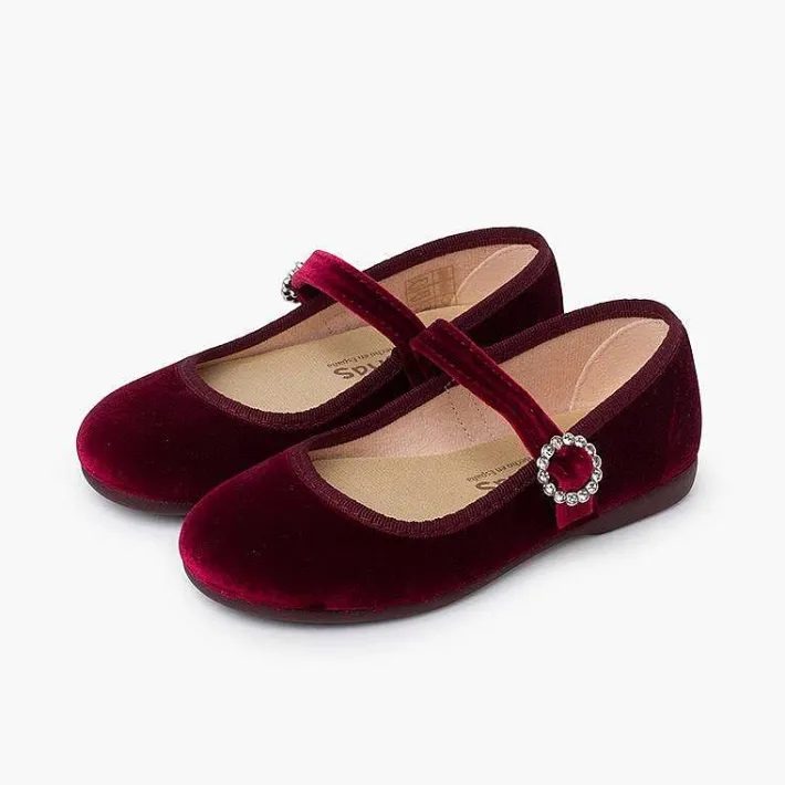 Pisamonas Mary Janes>Velvet Mary Janes With Jewel Buckle