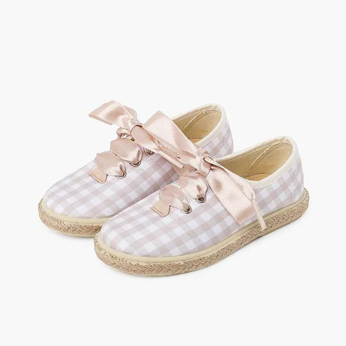 Pisamonas Espadrilles>Vichy Squares And Jute Trainers With Satin Laces