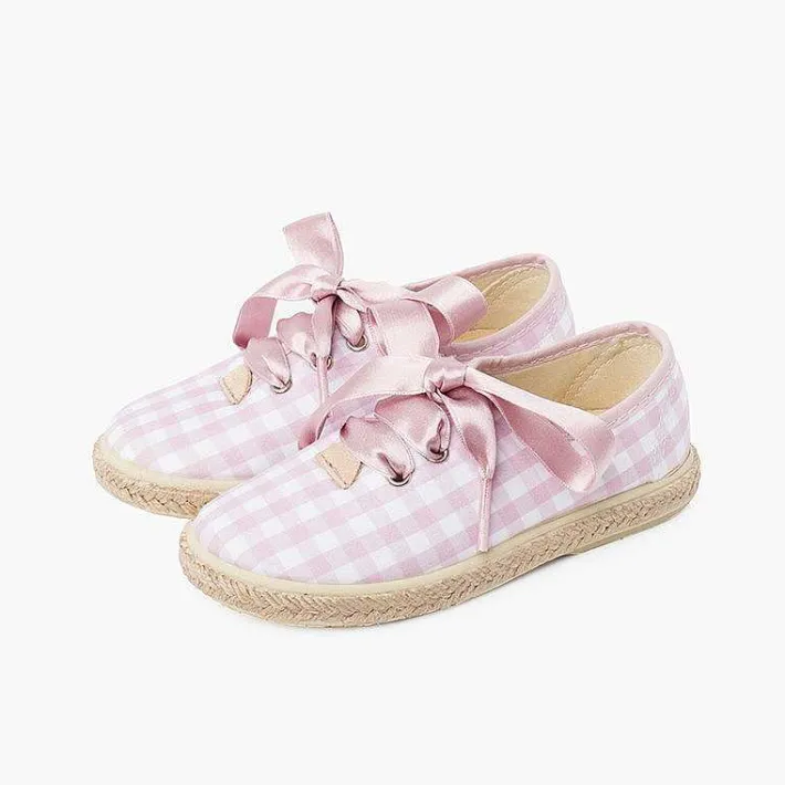 Pisamonas Espadrilles>Vichy Squares And Jute Trainers With Satin Laces
